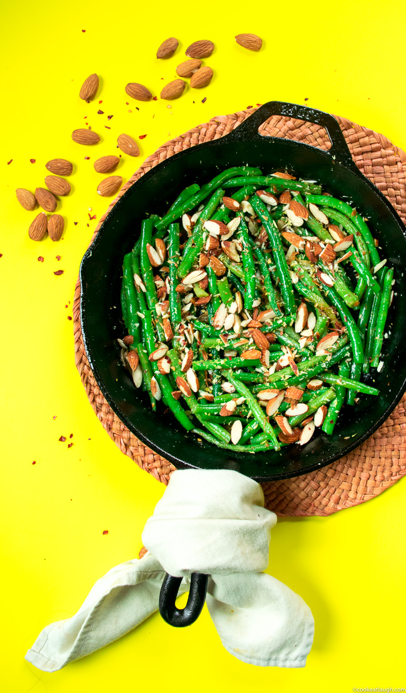 Sautéed green beans with toasted almonds—a simple elegant dish that will make a great side on your holiday table or for Sunday dinner. |www.cookeatlaugh.com--7